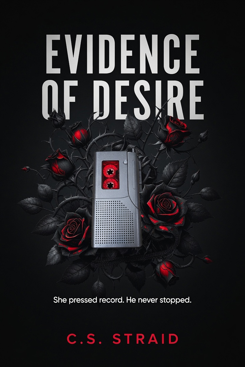 Evidence of Desire book cover by C.S. Straid: a silver microcassette recorder nested in dark red roses on a black background.
